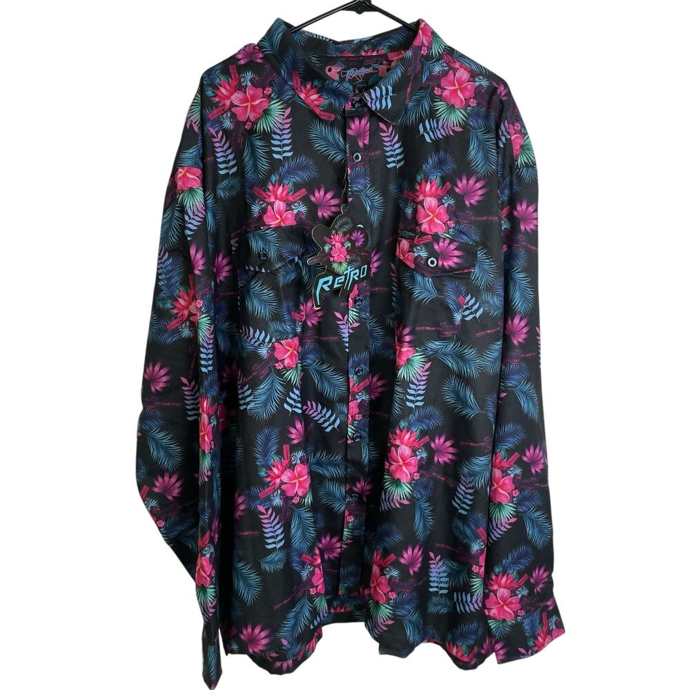 Retro Rifle Tropics Shirt Mens 5XL (Fits 3XL+) Black Floral Long Sleeve Button
